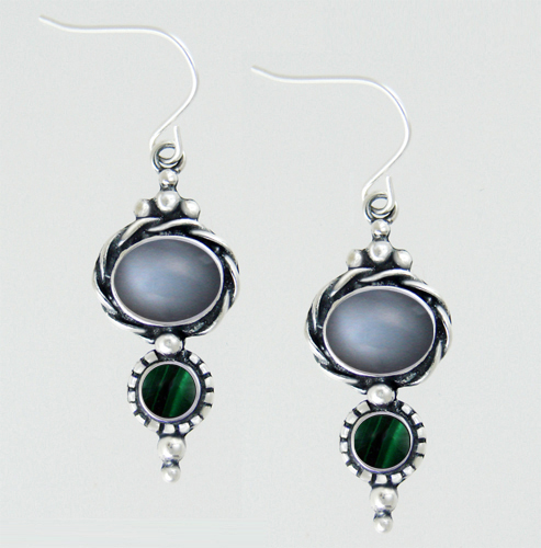 Sterling Silver Drop Dangle Earrings With Grey Moonstone And Malachite
